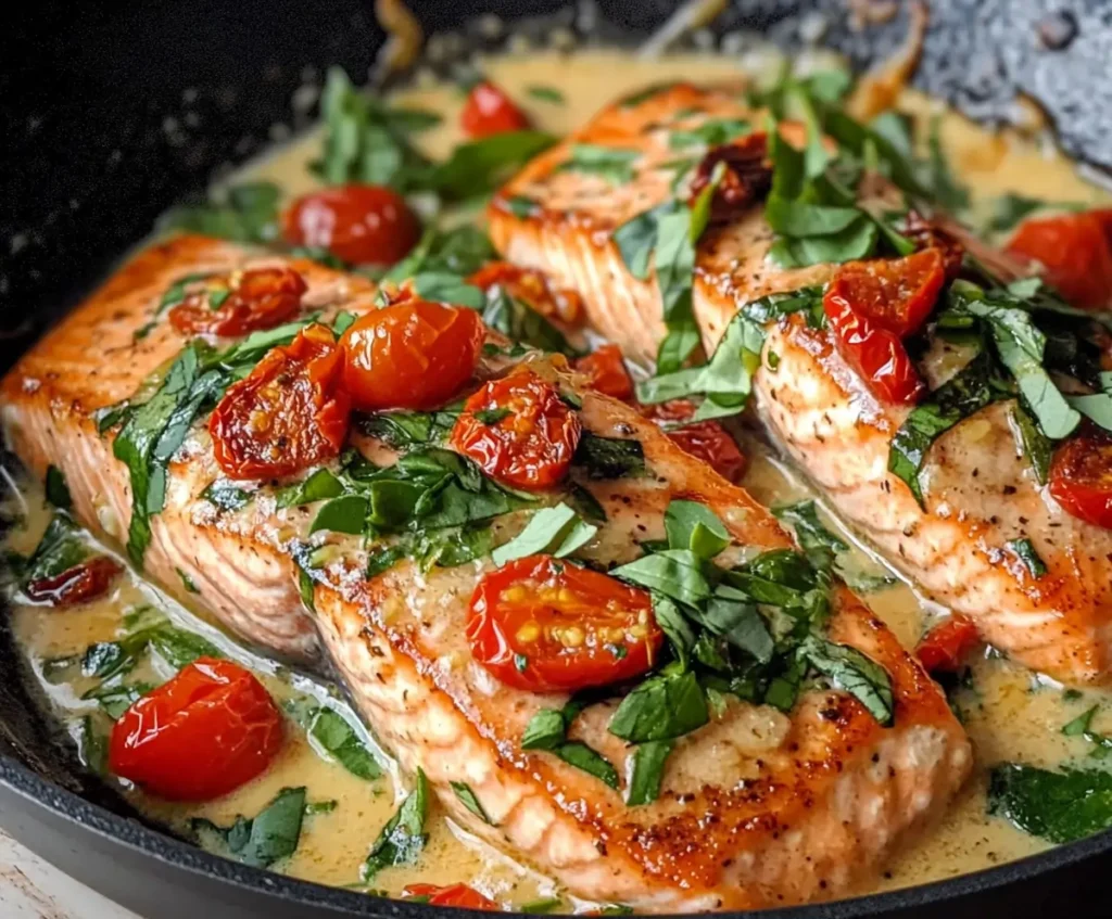 A black non-stick skillet filled with perfectly seared Garlic Butter Tuscan Salmon fillets in a rich, creamy garlic butter sauce.