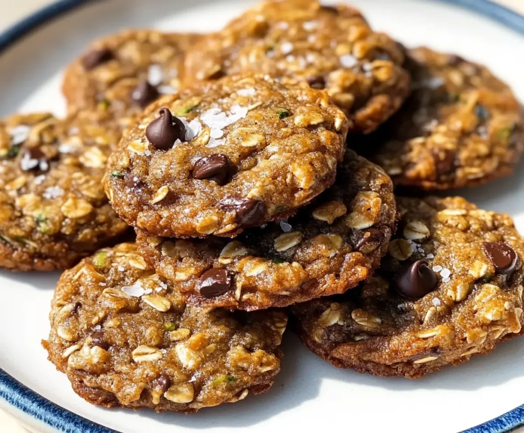 A plate of golden brown sticky oaty zucchini cookies, topped with flaky sea salt, featuring oats, dark chocolate, and zucchini flecks.