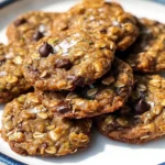 A plate of golden brown sticky oaty zucchini cookies, topped with flaky sea salt, featuring oats, dark chocolate, and zucchini flecks.