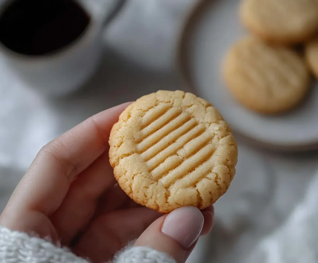 A close-up of a hand holding a golden-brown Condensed Milk Cookie with fork imprints, with a blurred background of a coffee cup and plate of cookies.