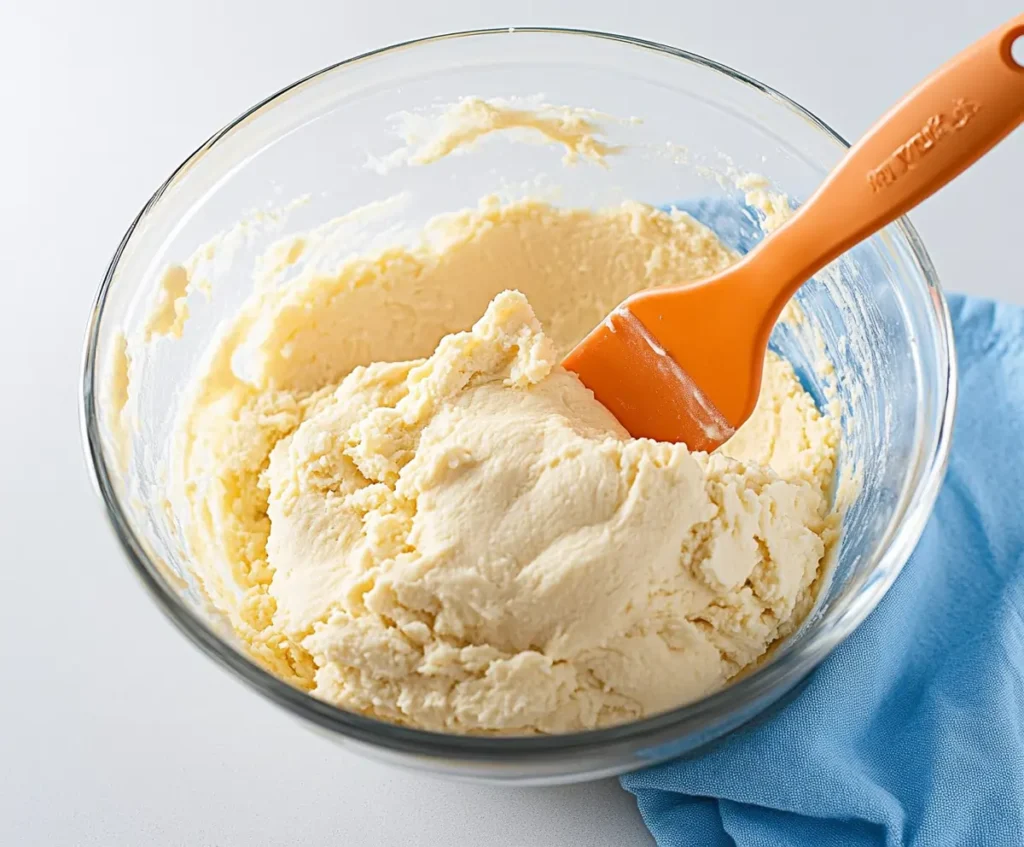  A glass bowl with thick cookie dough being mixed with an orange spatula, placed on a light blue kitchen cloth for homemade Condensed Milk Cookies.
