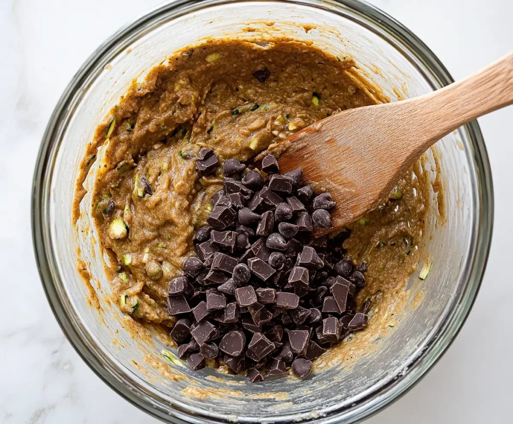 A bowl of sticky zucchini cookie batter with chocolate chips and chopped dark chocolate, ready to be mixed.