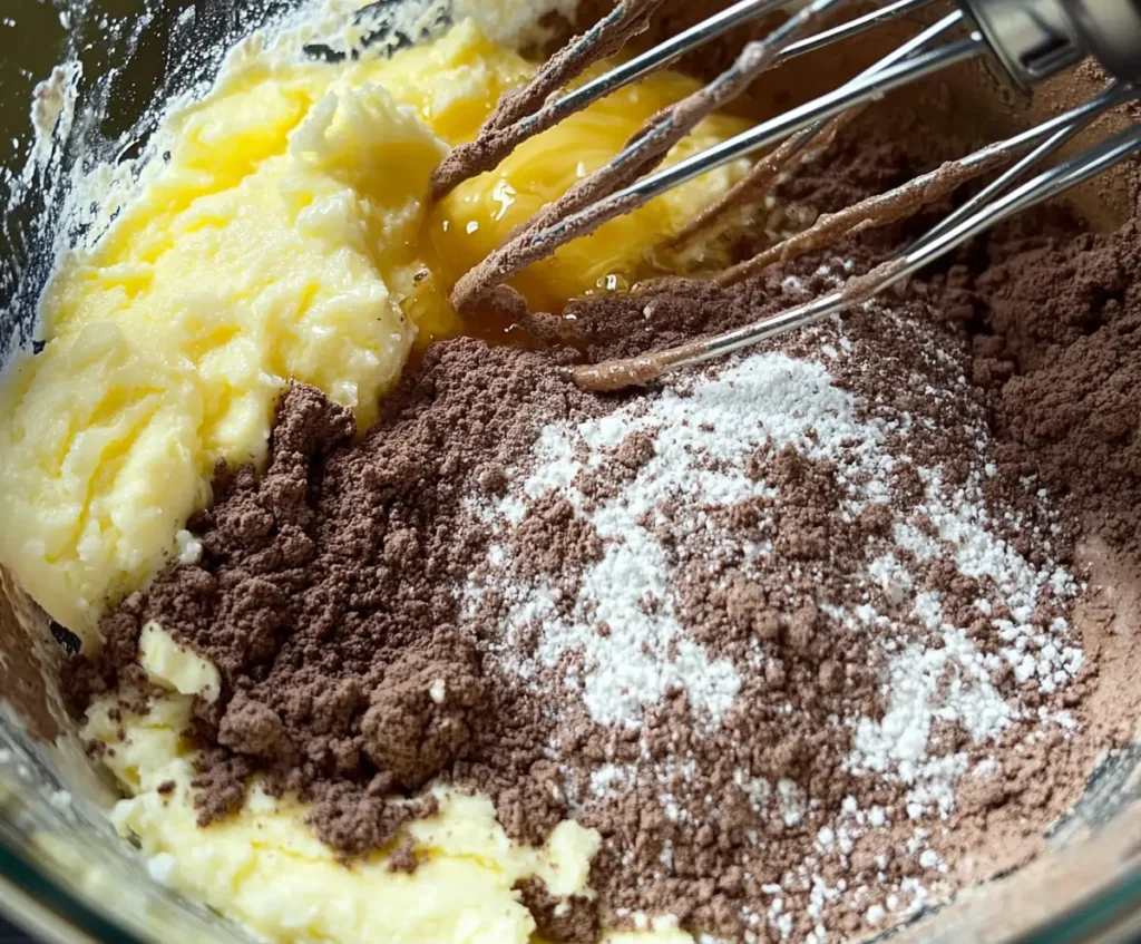 A glass bowl with a blend of eggs, butter, vanilla, and cocoa-flour mixture, partially mixed with metal beaters.