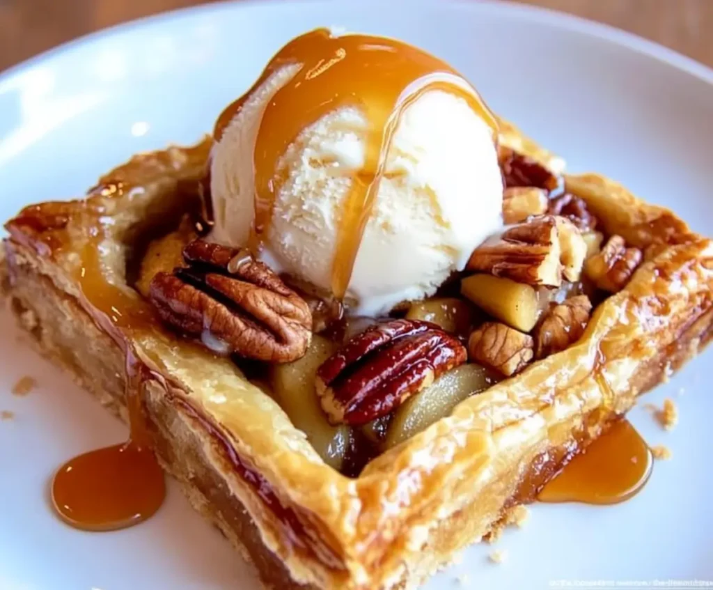 Flaky, golden-brown puff pastry filled with caramelized apples and toasted pecans on a baking sheet.