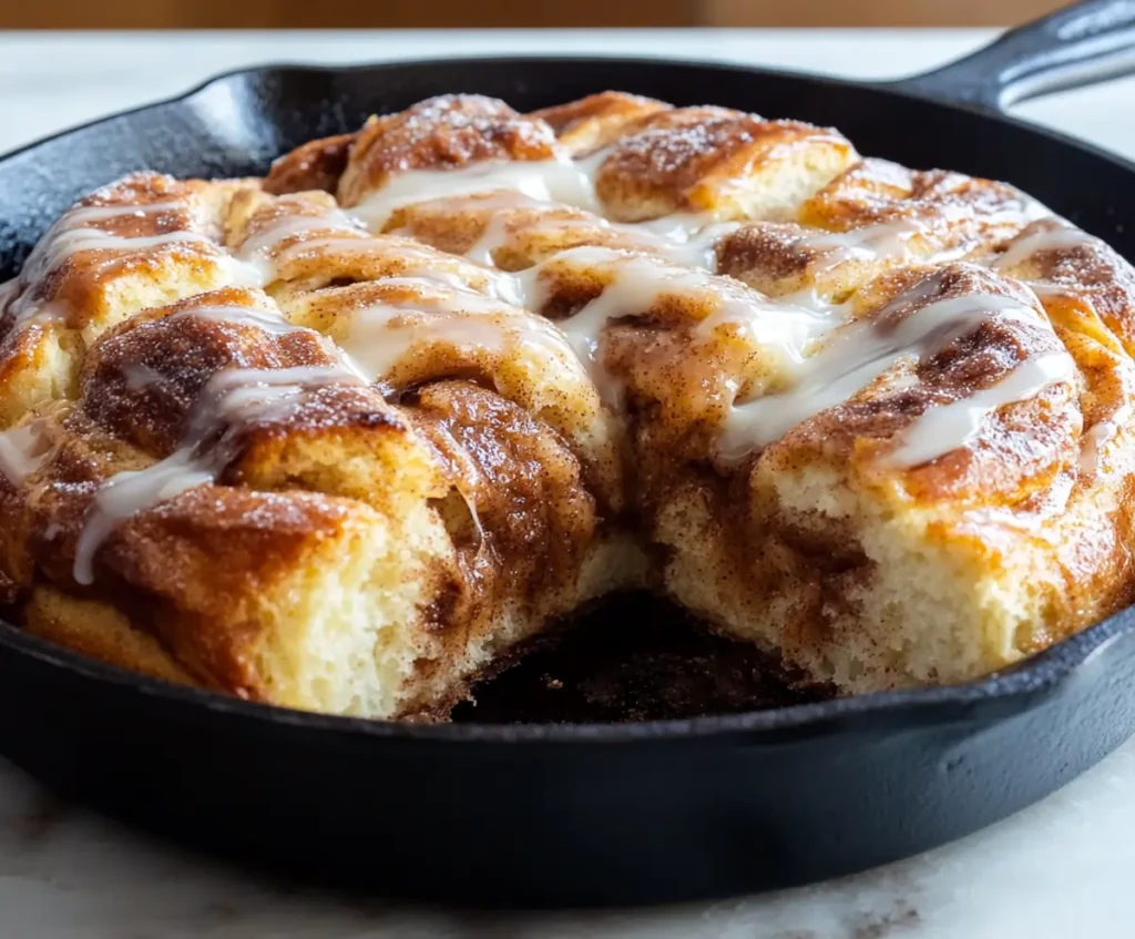 A freshly baked Dollywood Cinnamon Bread in a cast iron skillet, drizzled with sweet icing and filled with gooey cinnamon sugar.