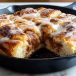 A freshly baked Dollywood Cinnamon Bread in a cast iron skillet, drizzled with sweet icing and filled with gooey cinnamon sugar.