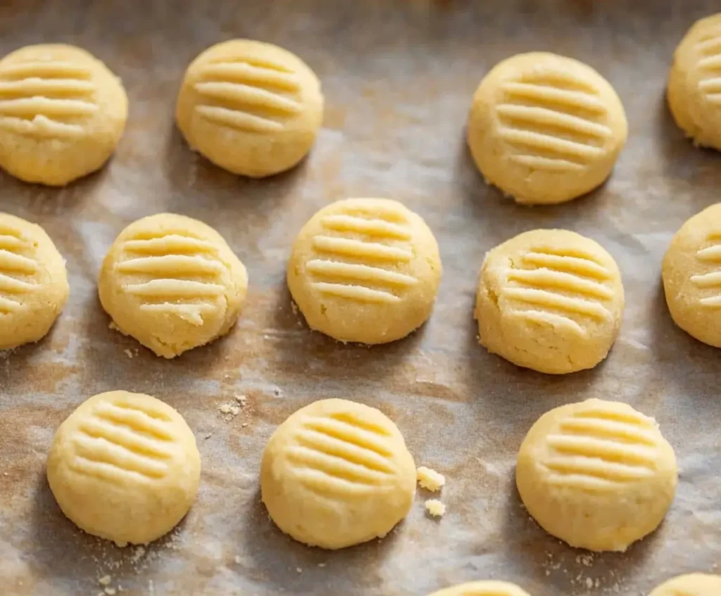 Round, unbaked Condensed Milk Cookie dough pieces with fork imprints, evenly spaced on a parchment-lined baking sheet, ready for the oven.
