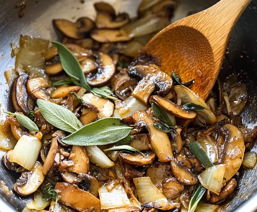 A stainless steel skillet filled with golden-brown caramelized mushrooms, onions, and fresh herbs, being stirred with a wooden spoon.