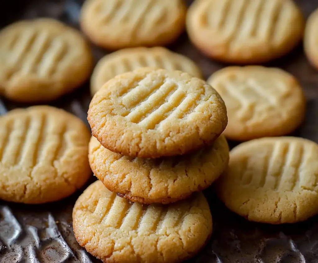 A close-up of freshly baked Condensed Milk Cookies with signature fork imprints, arranged on a baking tray, showcasing their golden-brown texture.