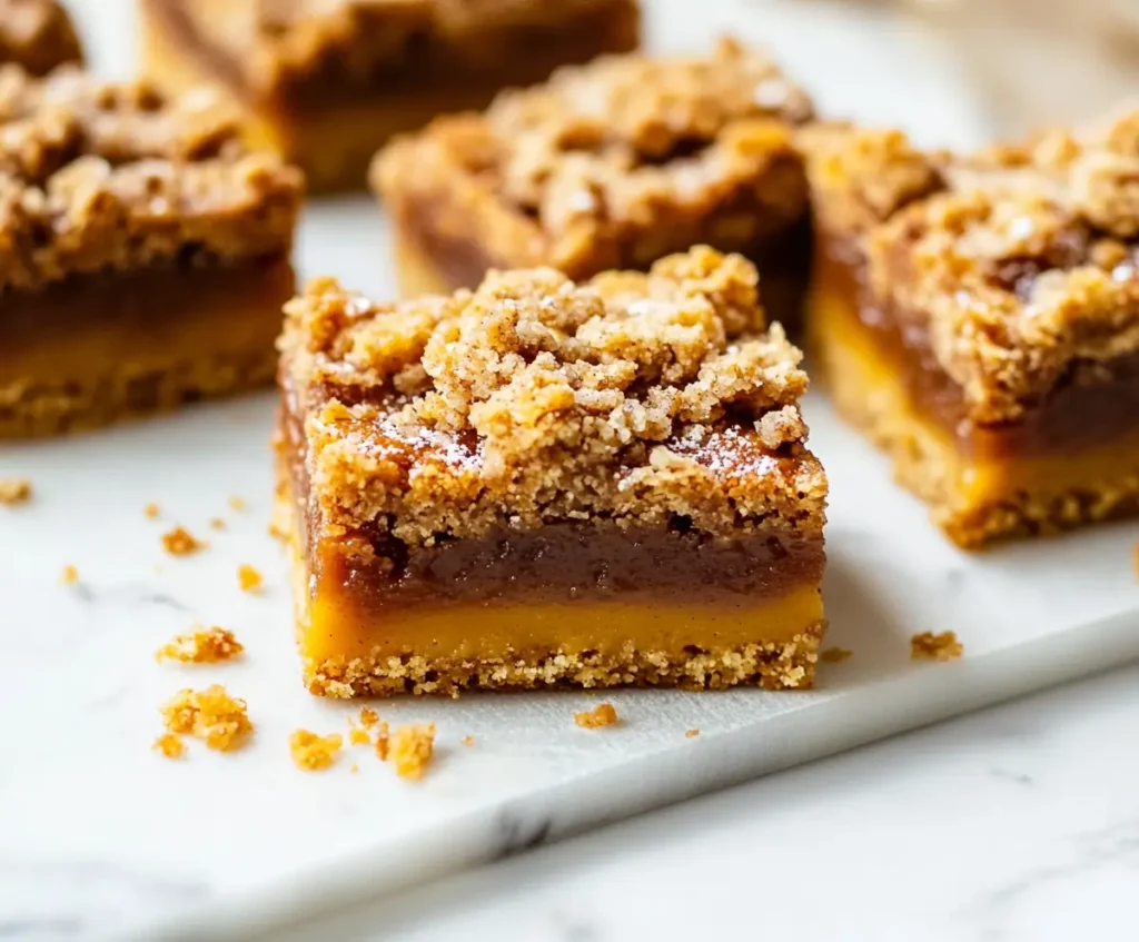 A stack of pumpkin bars with chai caramel and a crumbly streusel topping, showcasing a soft pumpkin base and rich caramel layer.