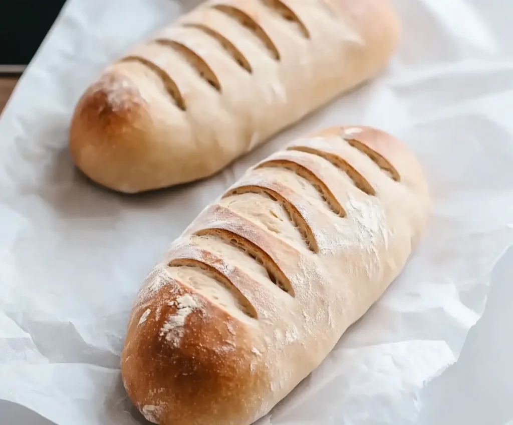 Two unbaked French bread loaves on a parchment-lined baking sheet, scored with diagonal slashes, ready for baking.