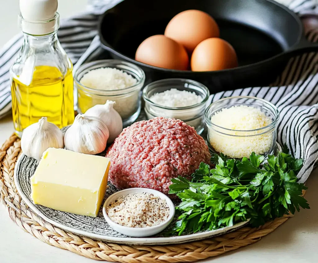 A collection of fresh ingredients for homemade garlic butter meatballs, including ground meat, parsley, onion, lemon, garlic, eggs, breadcrumbs, parmesan cheese, olive oil, dried herbs, and salted butter, arranged on a woven placemat with a cast-iron skillet in the background.