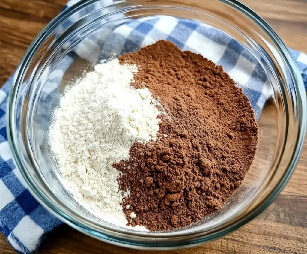  A glass bowl with cocoa powder, flour, and baking powder, ready to be mixed for homemade Chocolate Pound Cake.