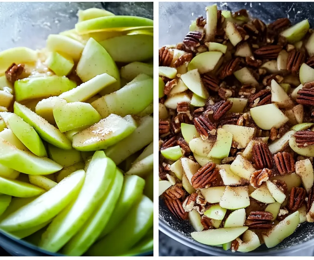 Sliced green apples mixed with chopped pecans, cinnamon, and sugar in a bowl, ready for baking.