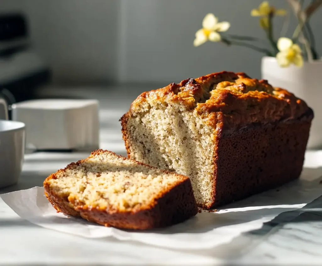 A freshly baked loaf of brown butter banana bread with a golden-brown crust, sliced open to reveal a moist, fluffy texture, resting on parchment paper.