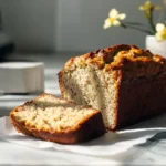 A freshly baked loaf of brown butter banana bread with a golden-brown crust, sliced open to reveal a moist, fluffy texture, resting on parchment paper.