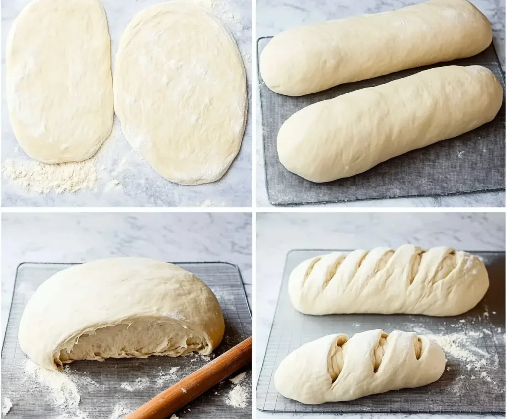 Step-by-step collage showing the preparation of homemade French bread: kneading the dough, rolling it out, shaping into loaves, and placing on a baking sheet with scoring.