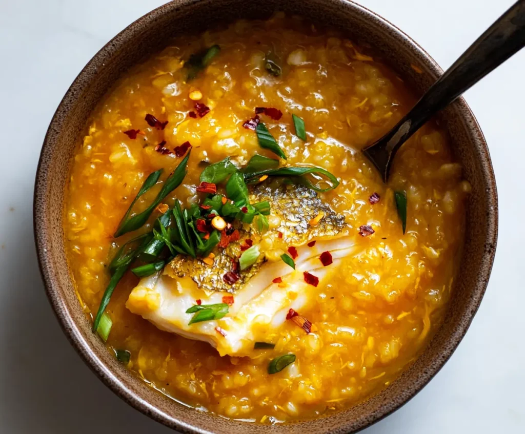 A bowl of golden Honeynut Squash Congee topped with spicy poached fish, garnished with green onions.