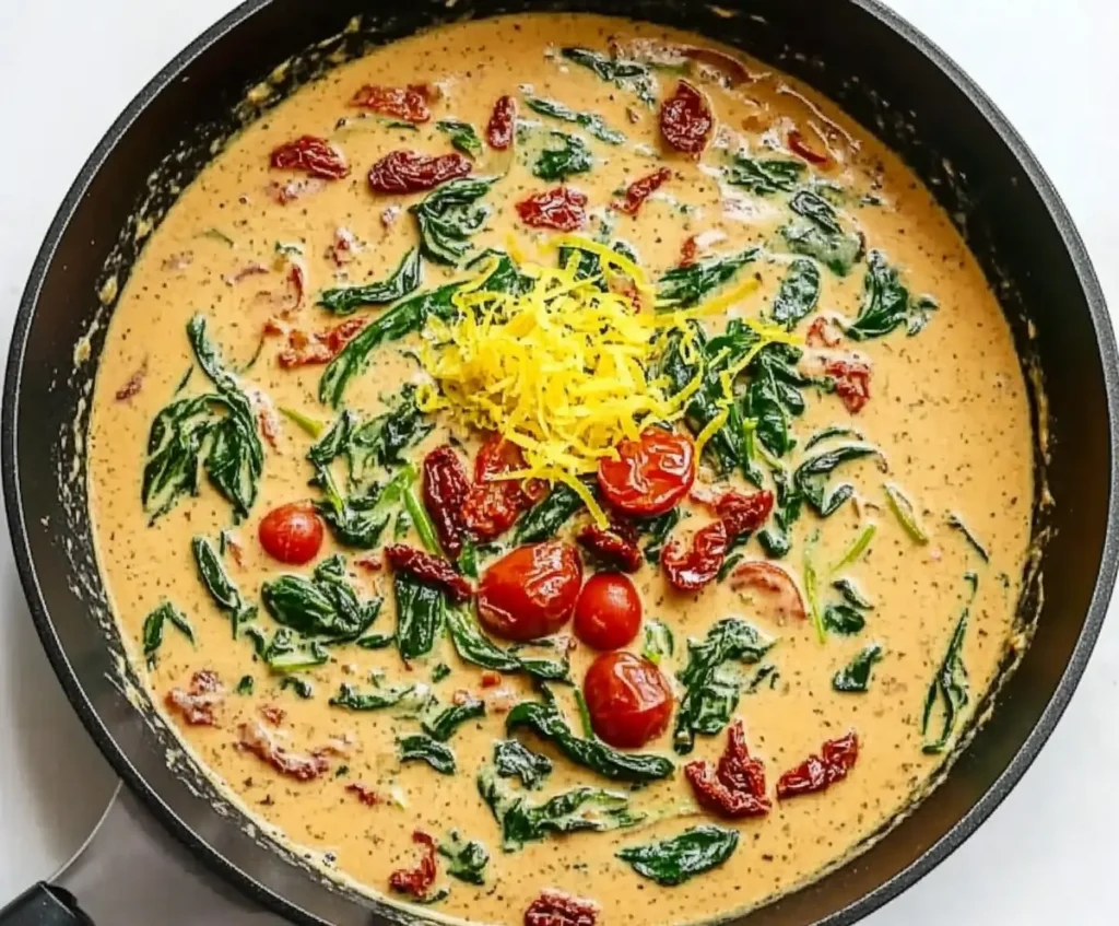 A black non-stick skillet filled with a creamy Tuscan sauce made with garlic, cherry tomatoes, sun-dried tomatoes, and wilted spinach. A fresh mound of lemon zest sits on top, adding a bright citrusy contrast.