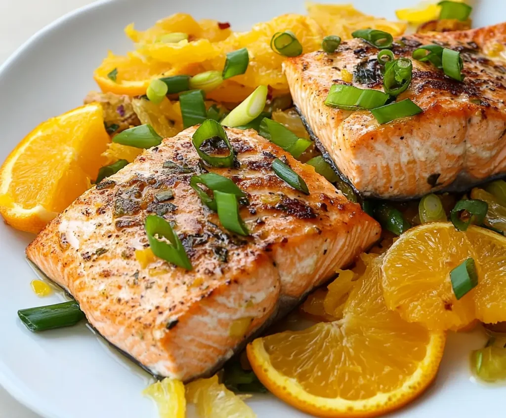 A close-up view of a ginger citrus salmon sauce in a skillet, with sliced oranges, green onions, ginger, and chili flakes being mixed with a wooden spoon. The sauce is golden and bubbling in the pan.