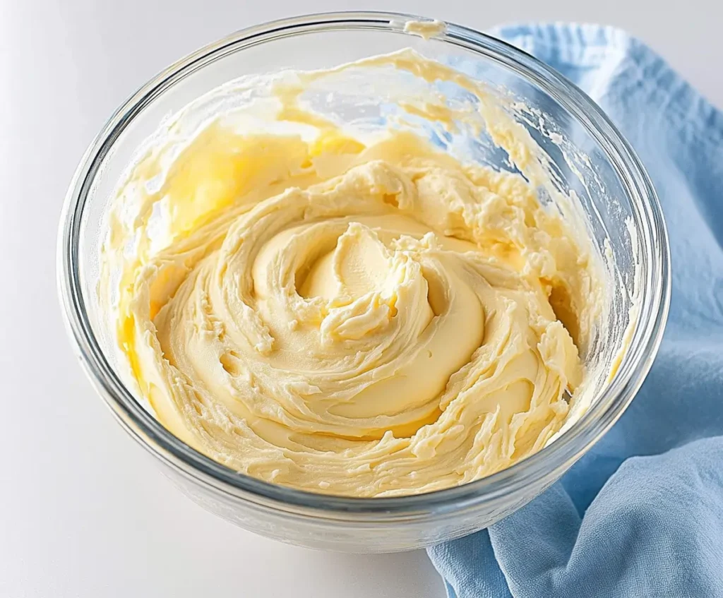 A glass mixing bowl filled with smooth, whipped butter and condensed milk mixture, resting on a soft blue cloth on a white countertop.