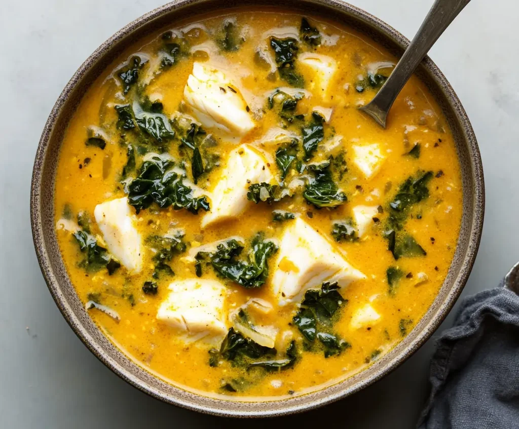 A warm bowl of creamy Sablefish chowder with kale, potatoes, and a hint of lemon, served in a rustic brown bowl. The soup has a rich golden color with chunks of fish and dark green kale leaves visible. A spoon rests on the side.