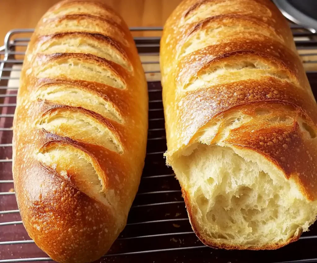 Freshly baked homemade French bread loaves cooling on a wire rack, with a crispy golden crust and soft interior, one loaf partially torn to reveal texture.